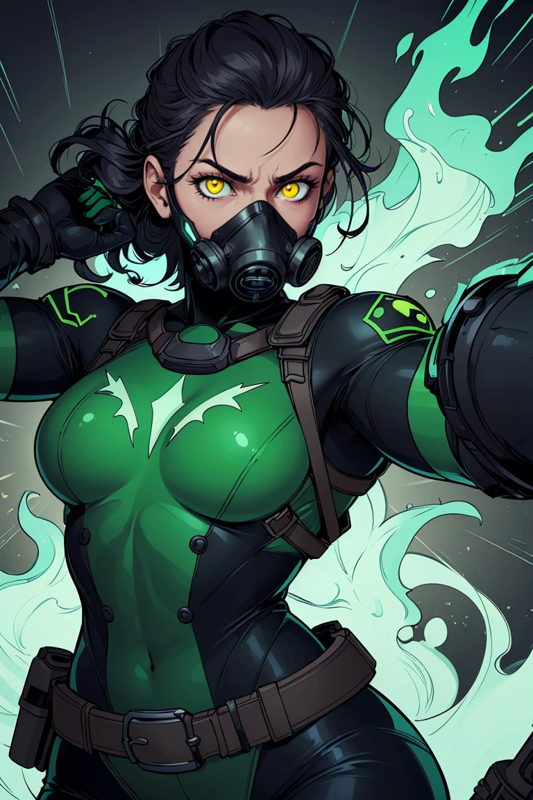 (original-art:1.2),(lineart:1.33),masterpiece, best quality, valorantviper, green bodysuit, elbow gloves, belt, gasmask, looking at viewer, face, portrait, close-up, glowing eyes, green smoke, <lora:viper-nvwls-v1-final:1> holding pistol, action pose, dynamic pose,