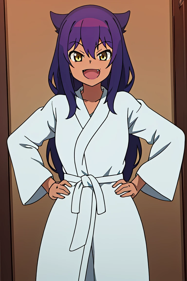 <lora:Jahy_Final_v2:0.8>, jahy_mature,hands on hips,bathrobe,smile,fang,open mouth,
extremely detailed 8K wallpaper,
masterpiece,best quality,1girl,solo,nice hand,good hand,