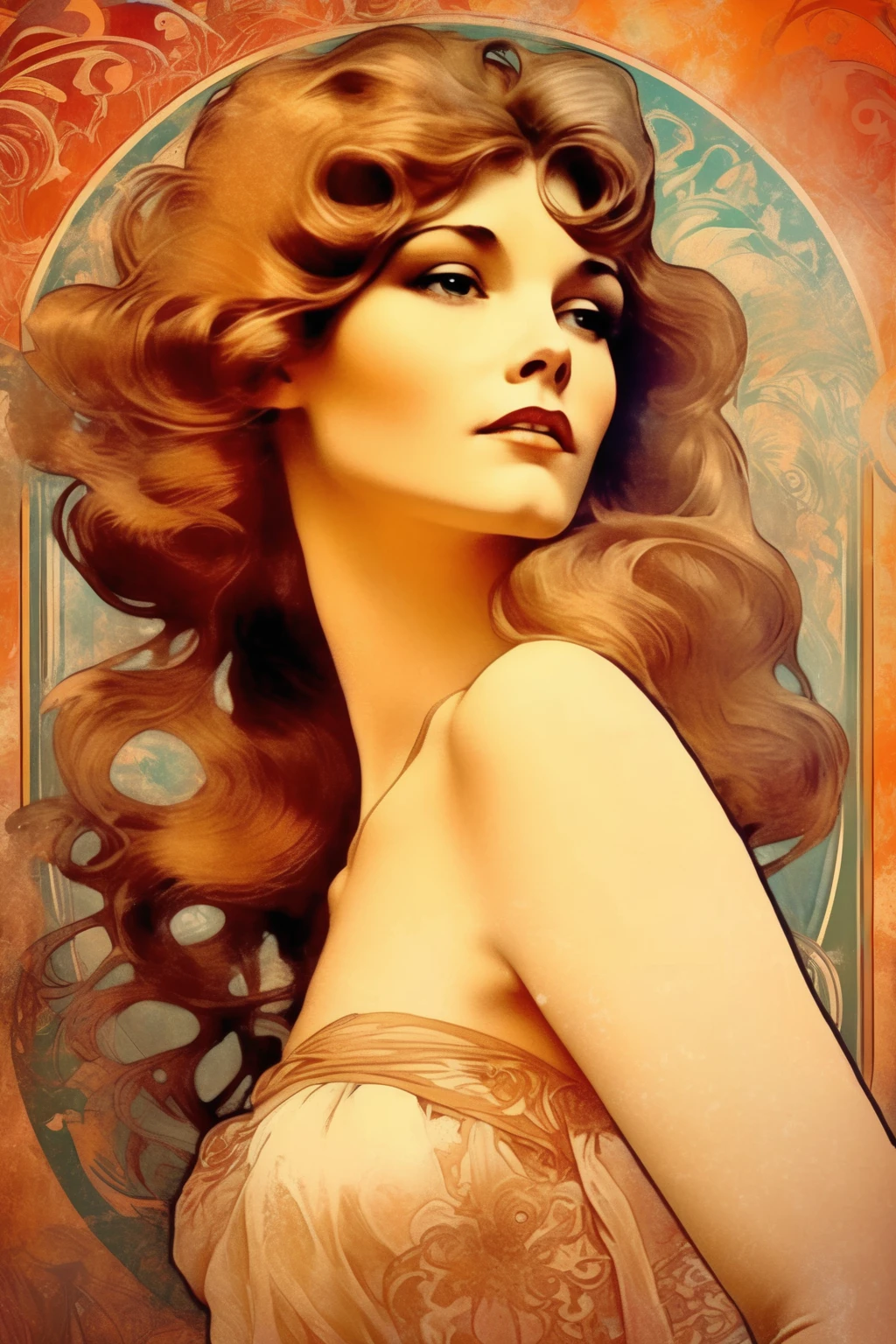 <lora:Alphonse Mucha Style:1>Alphonse Mucha Style - 1960's Hollywood girl's face on a poster in the early style of Alfons Mucha late 19th century. Intense Mucha style background