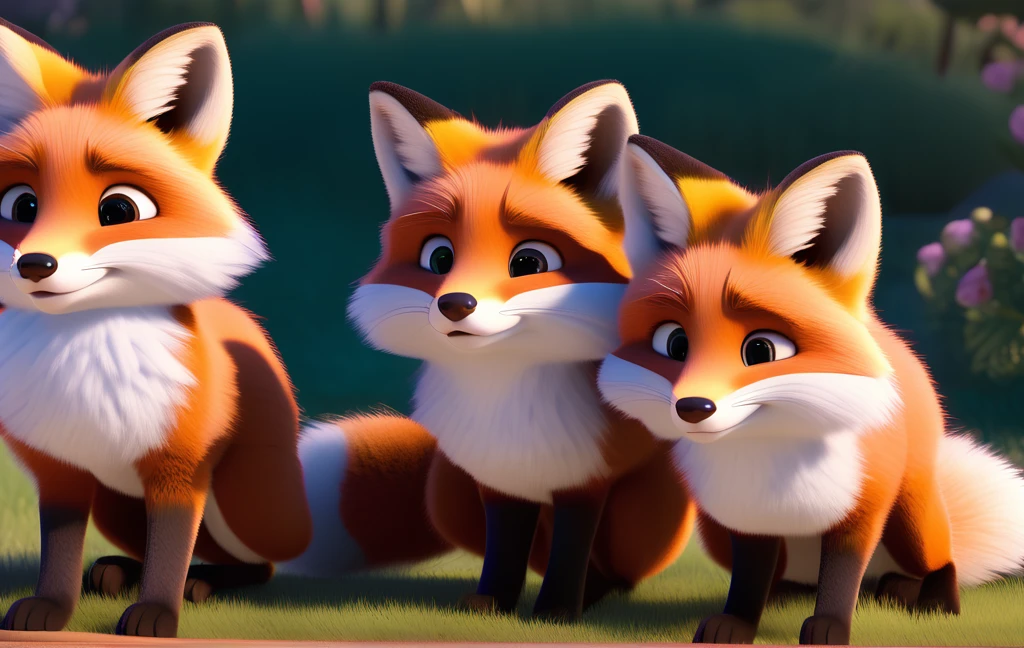 modern disney style, fluffy cute foxes, nice scenery, absolutely outstanding image, flawless, detailed, intricate, sharp focus