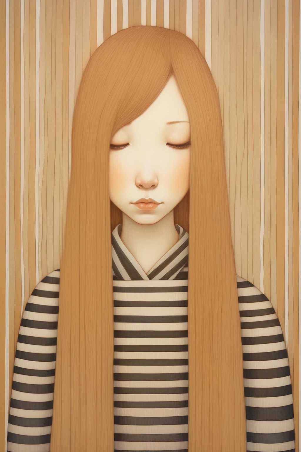 <lora:Audrey Kawasaki Style:1>Audrey Kawasaki Style - a woman in striped pyjamas with long honey hair, in the style of Helsinki school, princesscore, subtle tonal variation, subtle tonal range, blunt ends, salon kei, in the style of Loish and Audrey Kawasaki