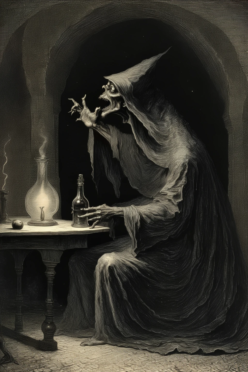 <lora:Gustave Dore Style:1>Gustave Dore Style - The Horror known as the drinker of Hope of the universe of the Long Night. in its true form of endless evil and horror and all its terrifying power and monster form
