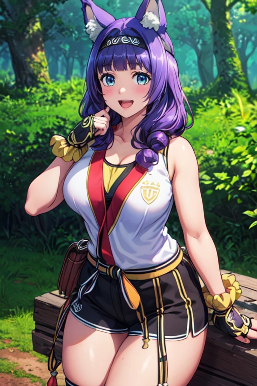 (masterpiece:1.2), (best quality), (ultra detailed), (8k, 4k, intricate),(full-body-shot:1.2),(cowboy:1.2),(highly detailed:1.2),(detailed face:1.2), (detailed background),(portrait),detailed landscape, (dynamic pose:1.2),<lora:more_details:0.5> <lora:hitamu:0.7>hitamu 1girl, (solo), breasts, looking at viewer, blush, smile, open mouth, bangs, blue eyes, large breasts, gloves, animal ears, sitting, purple hair, :d, thighs, shorts, sleeveless, cat ears, blunt bangs, fingerless gloves, medium hair, animal ear fluff, headband,forest background