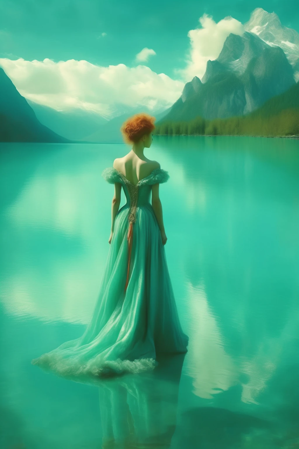<lora:Elizabeth Gadd Style:1>Elizabeth Gadd Style - See the aristocrat, dressed in an opulent gown, standing at the edge of a turquoise lake, mesmerized by the crystal-clear waters that mirror the towering mountains and fluffy white clouds above. art by marta bevacqua, anime