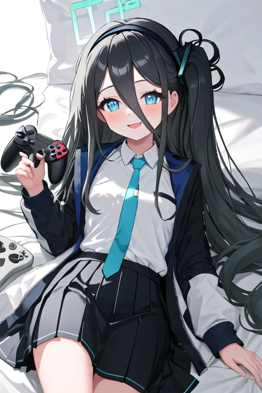best quality, masterpiece, highres, solo, {arisu_bluearchive:1.15}, long_hair, black_hair, blue_eyes, halo, hair_between_eyes, smile, blush, bangs, very_long_hair, hairband, one_side_up, black_hairband, necktie, blue_necktie, open_mouth, 1girl, collared_shirt, controller, game_controller, long_sleeves, looking_at_viewer, lying, on_back, shirt, white_shirt, black_skirt, game_console, hair_spread_out, pleated_skirt, skirt, bright_pupils
