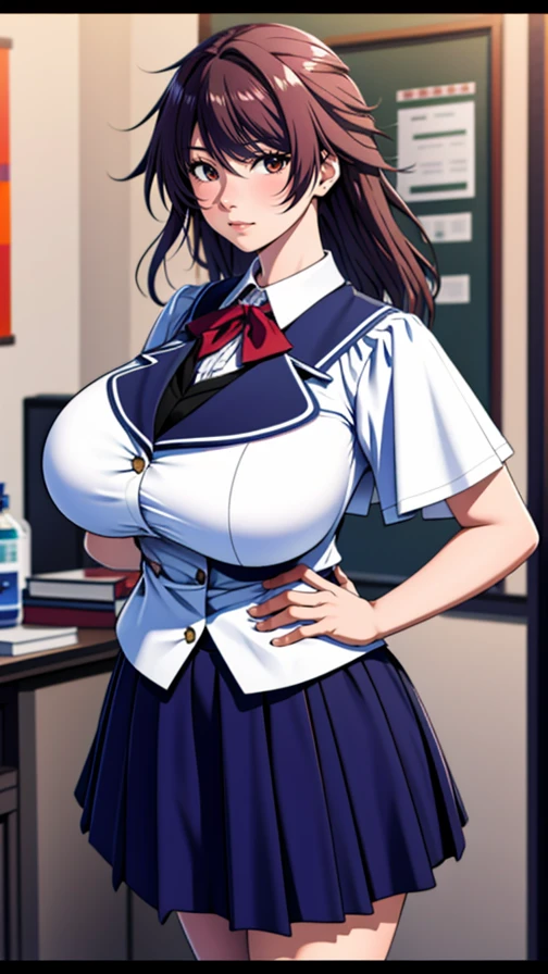 1woman, Mizuki_Shiranui, (school uniform1.2), hair ribbon, (dutch angle:1.3), huge breast,
(masterpiece, high quality, best quality, 4k, 8K, 16K, highres, absurdres:1.2) <lora:Mizuki_Shiranui_v1:0.7>