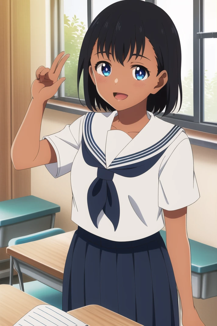 (masterpiece), (high quality), (detailed background:1.3), 1girl, solo,
<lora:SummertimeMio-v1-09:0.7>, ChopioMio, black hair, short hair, blue eyes, dark skin, (looking at viewer:1.3),
mature female, medium breasts,
outfit_1, serafuku, white sailor collar, white shirt, short sleeves, blue neckerchief, blue skirt, pleated skirt, long skirt, white kneesocks,
school, classroom, desks, window, cherry blossoms,
standing, smile, open mouth,