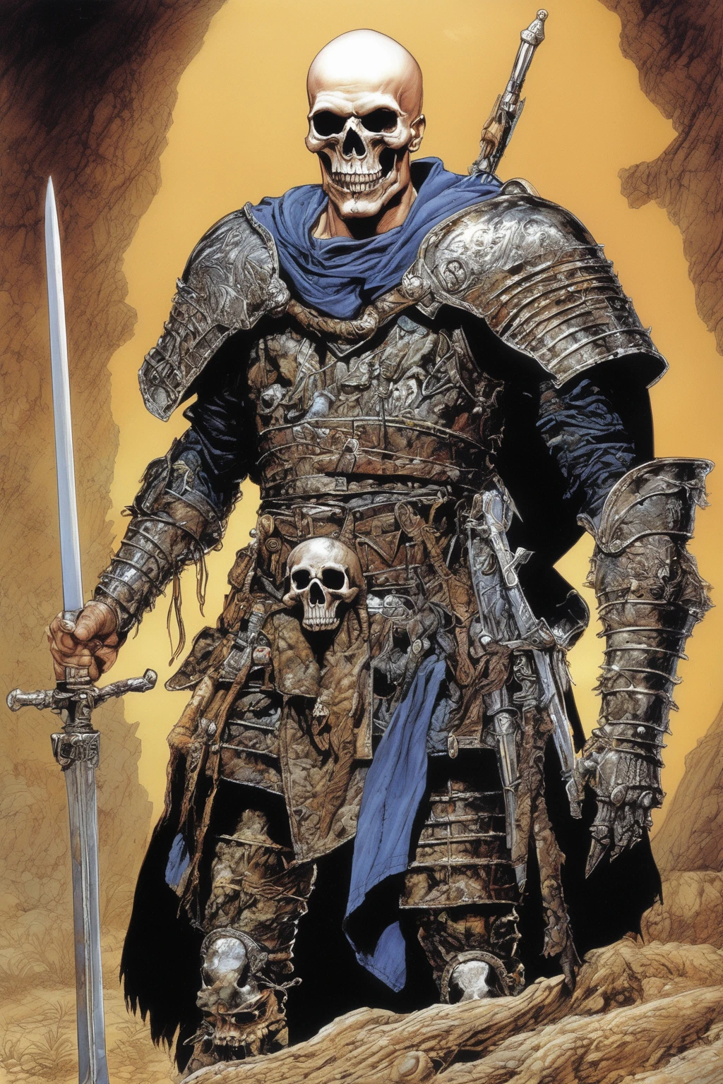 John Blanche Style - Brian Thompson as bald Warlord skull armor in the art style of Clyde Caldwell Larry Elmore Jeff Easley Tony DiTerlizzi Fred Fields Keith Parkinson Robh Ruppel Daniel R Horne Robin Raab Valerie Valusek Stephen Fabian Doug Watson Ken Frank