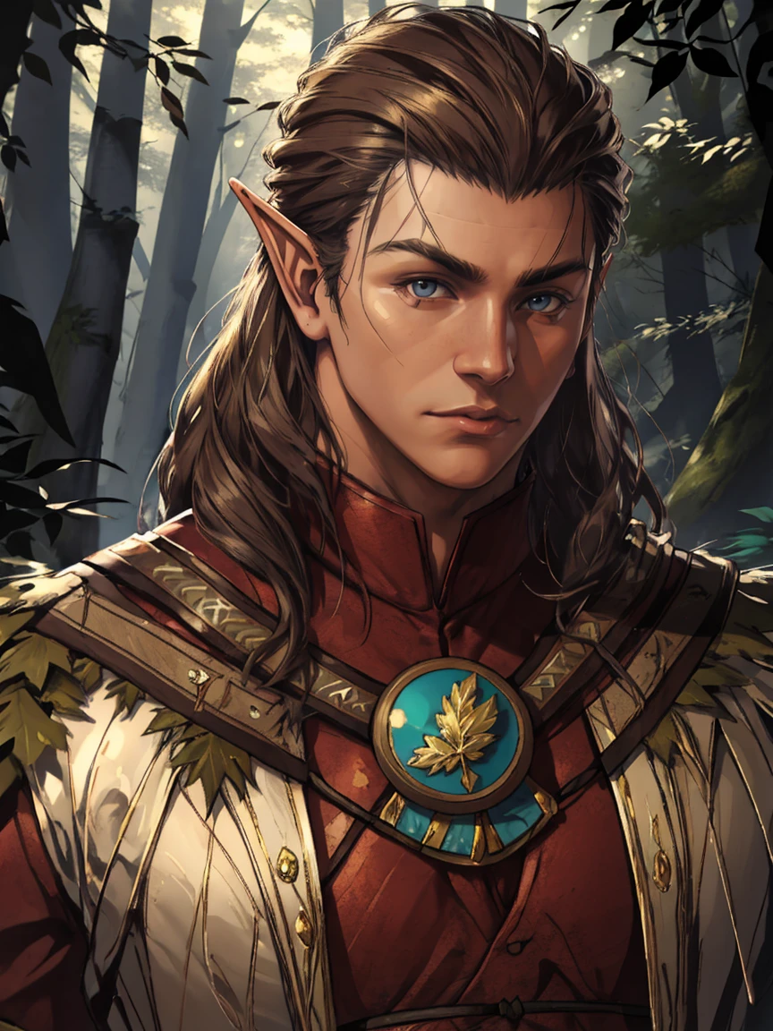 HalsinBG, 1boy, muscular, pointy ears, realistic, forest background, <lora:HalsinBG:0.7>