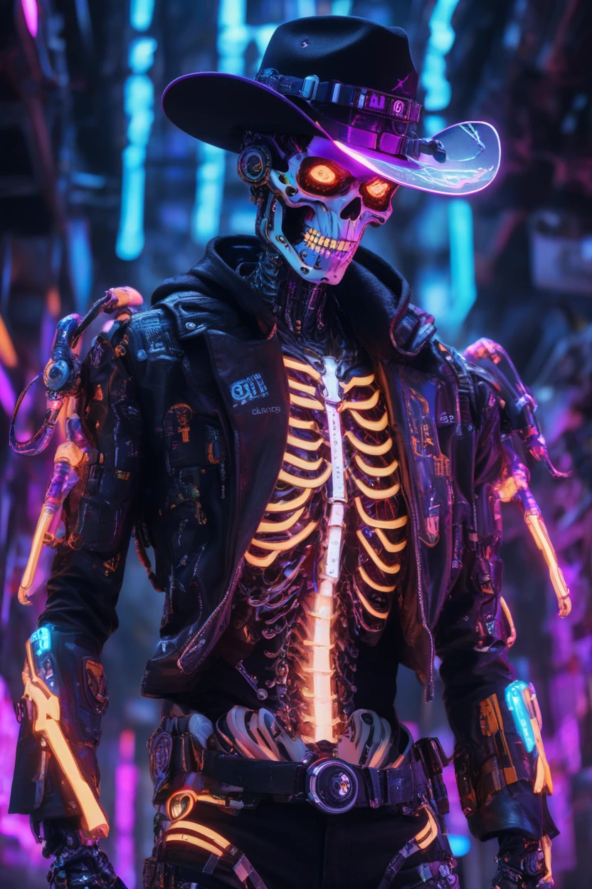 cyborg style, hat, 1boy with blacklight makeup, male focus, solo, cyborg, science fiction, cowboy hat, mechanical arms, glowing, belt, cyberpunk, jacket,skeleton, high quality, high resolution