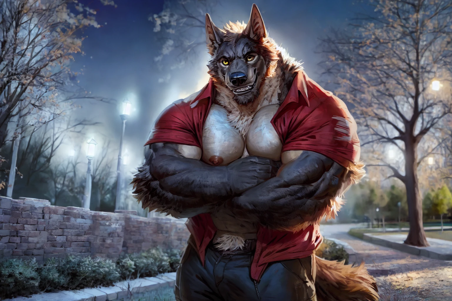 real,
[null-ghost:10], [bakemonoy:15],takahirosi,zoroj,alpha0,
anthro,solo,werewolf, werecanine, good boy, happy,
muscular ,nipples,yellow eyes, 
(humanoid hands:1.2),
standing ,(crossed arms:0.6), 
open shirt,partially clothed,
pants,
park ,night,star ,hi res, detailed background,
<lyco:bmV7c:1>,<lora:fluffyrock-quality-tags-v3.0-vpred:1>