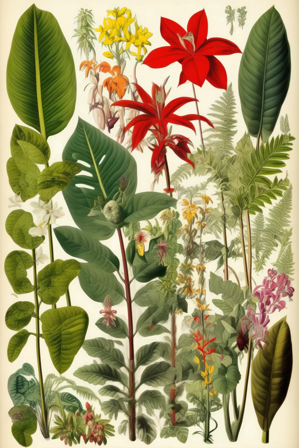 <lora:Century Botanical Illustration:1>Century Botanical Illustration - a botanical illustration of various plant species, including flowers and lush tropical leaves
