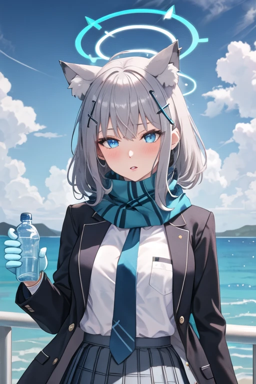 best quality, masterpiece, highres, solo, {shiroko_bluearchive:1.15}, animal_ears, animal_ear_fluff, bangs, blue_eyes, grey_hair, hair_ornament, halo, cross_hair_ornament, mismatched_pupils, extra_ears, medium_hair, blush, breasts, cat_ears, hair_between_eyes, wolf_ears, 1girl, assault_rifle, blue_scarf, blue_sky, cloud, day, gun, jacket, long_sleeves, necktie, open_clothes, open_jacket, outdoors, parted_lips, rifle, scarf, school_uniform, shirt, sky, weapon, white_shirt, blazer, blue_necktie, plaid, plaid_skirt, pleated_skirt, sig_sauer, skirt, gloves, looking_at_viewer, bottle, green_gloves, holding, water_bottle