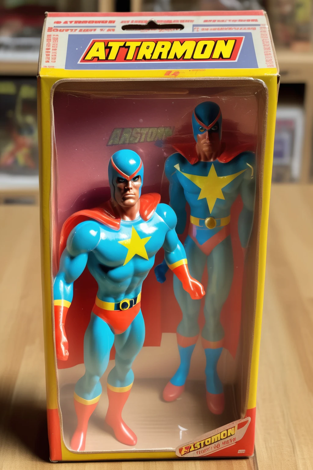 <lora:1987 Action Figure Playset Packaging:1>1987 Action Figure Playset Packaging - 1975s superhero figure named 'Astronom' standing in his cardboard box packaging, box front is with with flat transparent cellophane