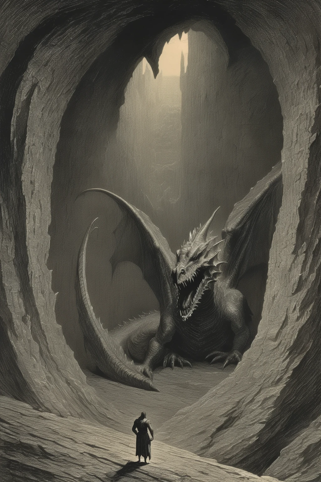 <lora:Gustave Dore Style:1>Gustave Dore Style - detailed and gloomy Gustave Dore artwork of a huge subterranean chamber. A coiled wyvern lurks in the distance amongst the crags high up in the chamber wall. An infinitestimally small character is seen in the distance down in the base of the chamber.