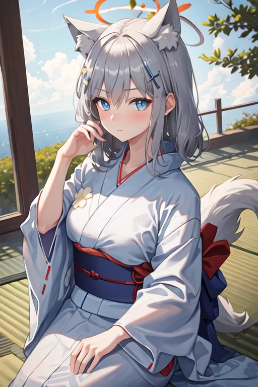 best quality, masterpiece, highres, solo, {yukata:1.40}, {kimono:1.20}, {shiroko_bluearchive:1.15}, animal_ears, animal_ear_fluff, bangs, blue_eyes, grey_hair, hair_ornament, halo, cross_hair_ornament, mismatched_pupils, extra_ears, medium_hair, blush, breasts, cat_ears, hair_between_eyes, wolf_ears