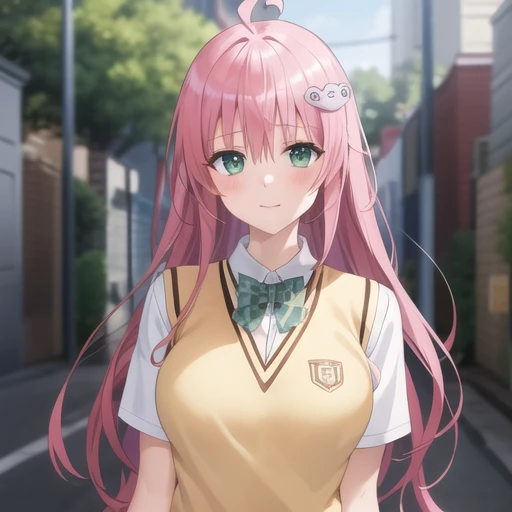(masterpiece, best quality:1.2),illustration,8k,hd,1girl,upper body,(portrait:1.2),long_hair,large_breasts,looking_at_viewer,blush,skirt,hair_ornament,thighhighs,school_uniform,green_eyes,tail,pink_hair,ahoge,plaid,plaid_skirt,demon_tail,sweater_vest,<lora:Lala Satalin Deviluke V1:0.6>,
