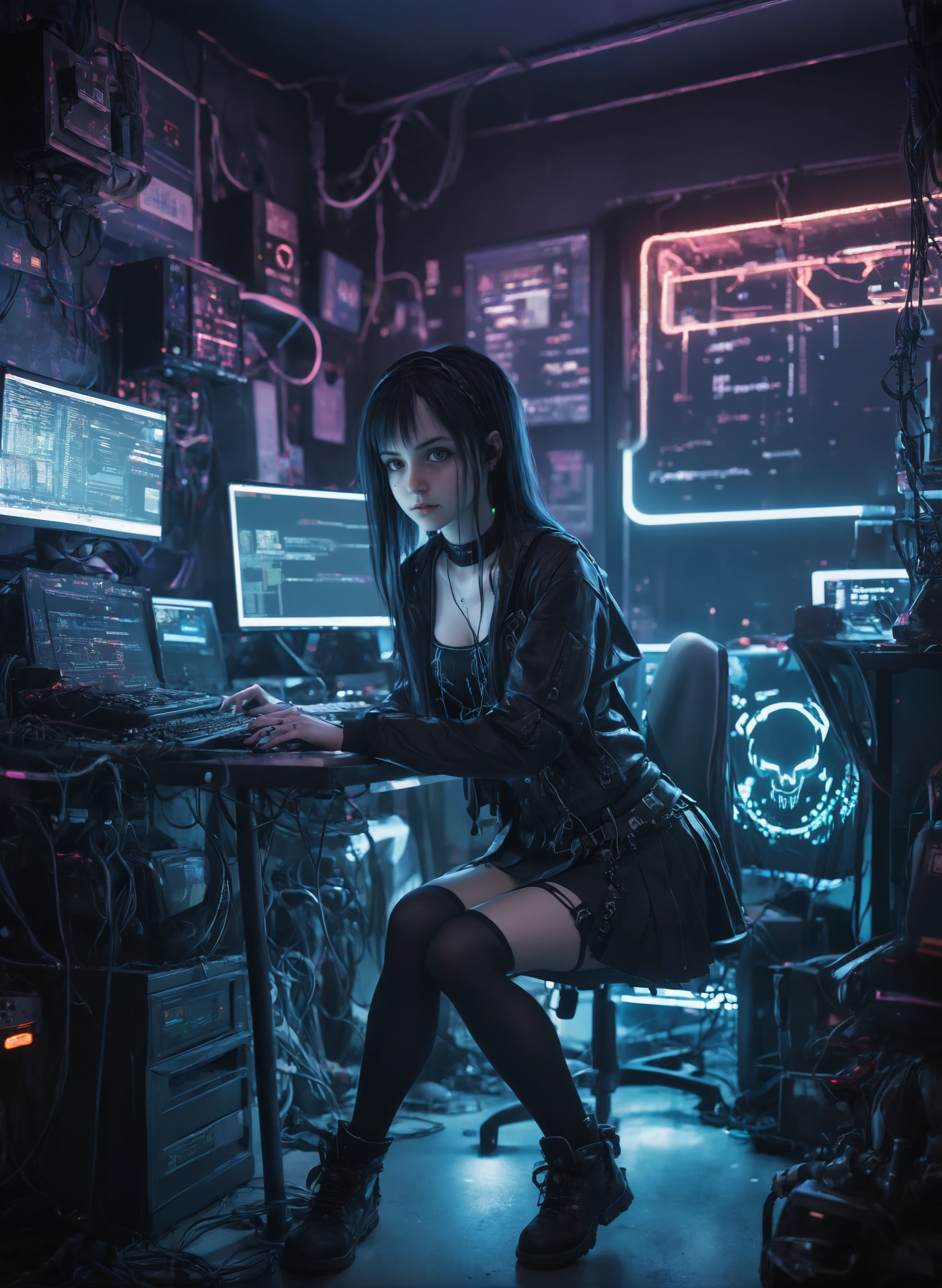 photo of a cute goth girl, hacker, sit a desk,  working at pc, skirt, clutter metro, night, neon lights, nerd outfit, cinematic, cyberpunk, clutter large room, cables