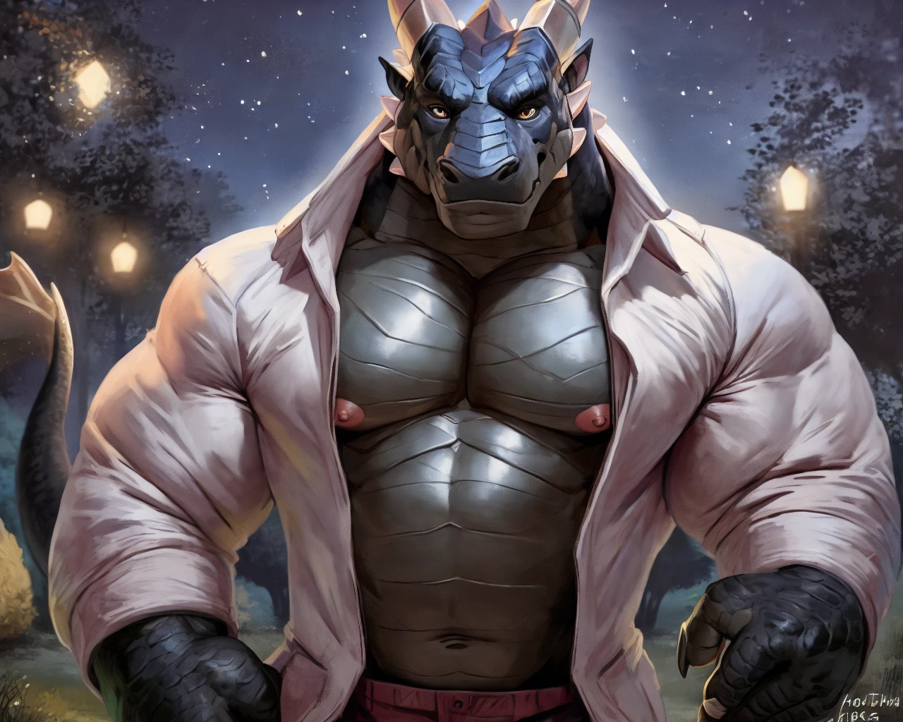 photorealism, 
[null-ghost:10], [bakemonoy:15],takahirosi,zoroj,alpha0,
anthro,solo,black body , dragon ,
muscular ,nipples,
(humanoid hands:1.2),
standing ,
open shirt,partially clothed,
pants,
park , night,star ,
hi res, detailed background,
<lyco:bmV7c:0.8>,<lora:fluffyrock-quality-tags-v2.1.1-vpred:1.4>