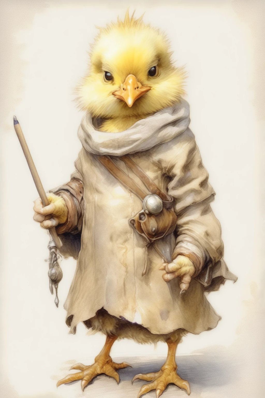 <lora:Jean-Baptiste Monge Style:1>Jean-Baptiste Monge Style - anthropomorphic chick character, wearing a medieval fantasy outit, full body visible, colorless pencil sketch, light linework, watercolor, oil painting, by Jean Baptiste Monge,