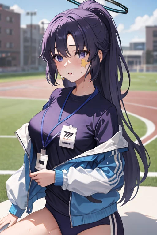 best quality, masterpiece, highres, solo, {yuuka_bluearchive:1.15}, long_hair, halo, bangs, purple_hair, blush, blue_eyes, purple_eyes, breasts, two_side_up, 1girl, black_shirt, gym_uniform, jacket, looking_at_viewer, official_alternate_costume, ponytail, shirt, sticker_on_face, track_jacket, blue_jacket, id_card, lanyard, sweat, blurry, medium_breasts, star_\(symbol\), blurry_background, buruma, short_sleeves, upper_body