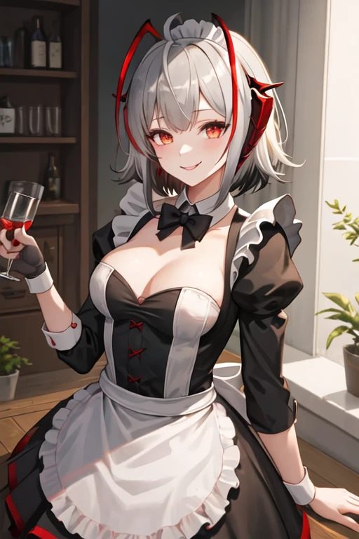 best quality, masterpiece, highres, solo, {maid:1.40}, {long maid dress:1.15}, {w_arknights:1.15}, horns, bangs, short_hair, grey_hair, breasts, smile, demon_horns, upper_body, red_eyes, multicolored_hair, ahoge, white_hair, red_hair, medium_breasts