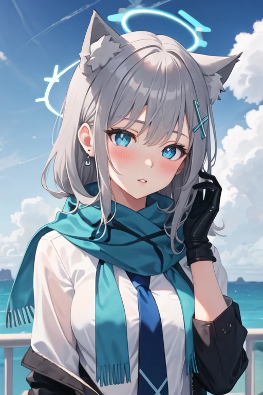 best quality, masterpiece, highres, solo, {shiroko_bluearchive:1.15}, animal_ears, animal_ear_fluff, bangs, blue_eyes, grey_hair, hair_ornament, halo, cross_hair_ornament, mismatched_pupils, extra_ears, medium_hair, blush, breasts, cat_ears, hair_between_eyes, wolf_ears, 1girl, blue_scarf, jacket, looking_at_viewer, scarf, shirt, white_shirt, school_uniform, sky, upper_body, blue_sky, outdoors, cloud, day, parted_lips, gloves, green_gloves