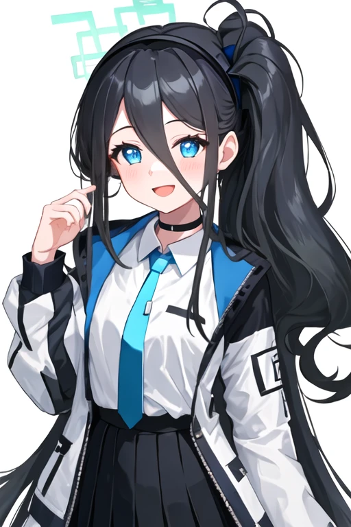 best quality, masterpiece, highres, solo, {arisu_bluearchive:1.15}, long_hair, black_hair, blue_eyes, halo, hair_between_eyes, smile, blush, bangs, very_long_hair, hairband, one_side_up, black_hairband, necktie, blue_necktie, open_mouth, 1girl, looking_at_viewer, detached_sleeves, side_ponytail, choker, simple_background, white_background, bow, hair_bow, sailor_collar, shirt, idol, skirt