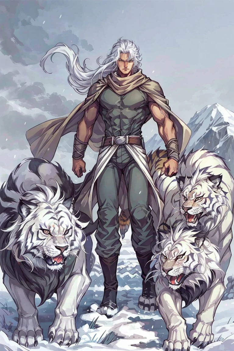 1boy,male focus,solo,cape,wolf,white hair,long hair,scarf,snow,lion,tiger,masterpiece,best quality,8k,<lora:hongkong_comic_style_v1a:0.8>,