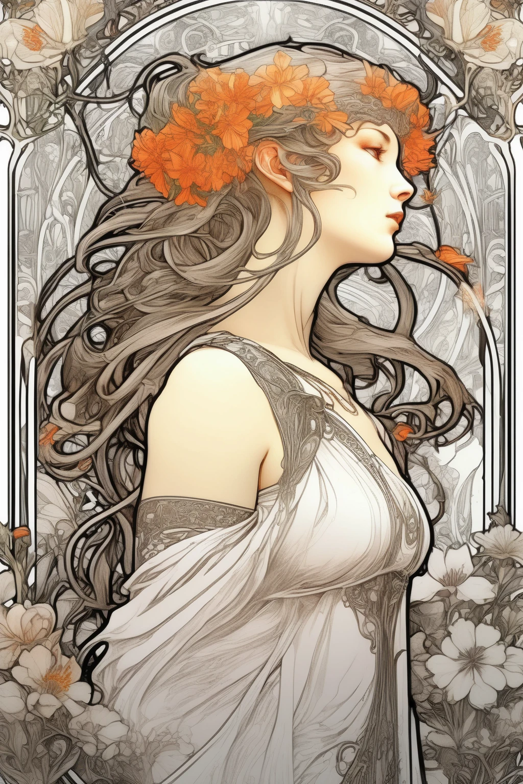 <lora:Alphonse Mucha Style:1>Alphonse Mucha Style - white background, art nouveau in style of Mucha, Thick Lines, high-contrast, black, white, no gray, high-resolution high definition in details and ink outlines, no shading, intricate detailed frame border drawn by Alphonse Mucha, Korea, white Elephant, Flowers, artistic, final fantasy, natural light, detailed, realistic forest, Coloring Page, Thick Lines, Low Detail, No Shading, Fantasy, final fantasy character, Realistic detail, Coloring book, thick lines, white background, 8k