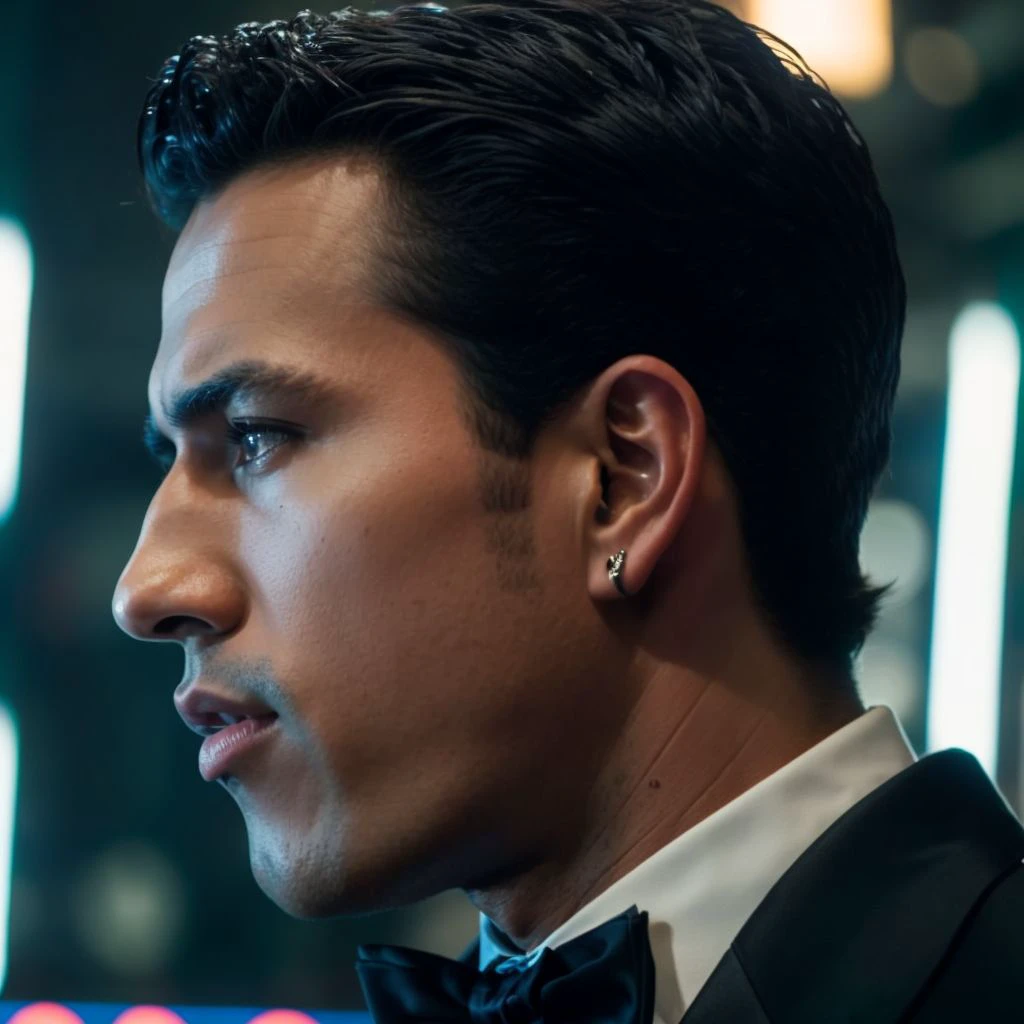 face portrait of deibygarcia person using a tuxedo, in blade runner, professional photography, high resolution, 4k, detailed photo, <lora:deibygarcia_40050:1>