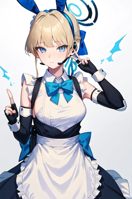 best quality, masterpiece, highres, solo, {toki_bluearchive:1.15}, blonde_hair, blue_eyes, bangs, bow, halo, blue_bow, bowtie, blue_bowtie, braid, breasts, long_hair, closed_mouth, animal_ears, fake_animal_ears, rabbit_ears, blush, v, earpiece, 1girl, apron, black_gloves, chest_harness, double_v, elbow_gloves, fingerless_gloves, frills, gloves, hair_bun, harness, looking_at_viewer, maid, maid_apron, maid_headdress, pouch, short_hair, simple_background, waist_bow, white_apron, white_background, blue_ribbon, frilled_apron, hair_ribbon, headset, ribbon, dress, upper_body, french_braid