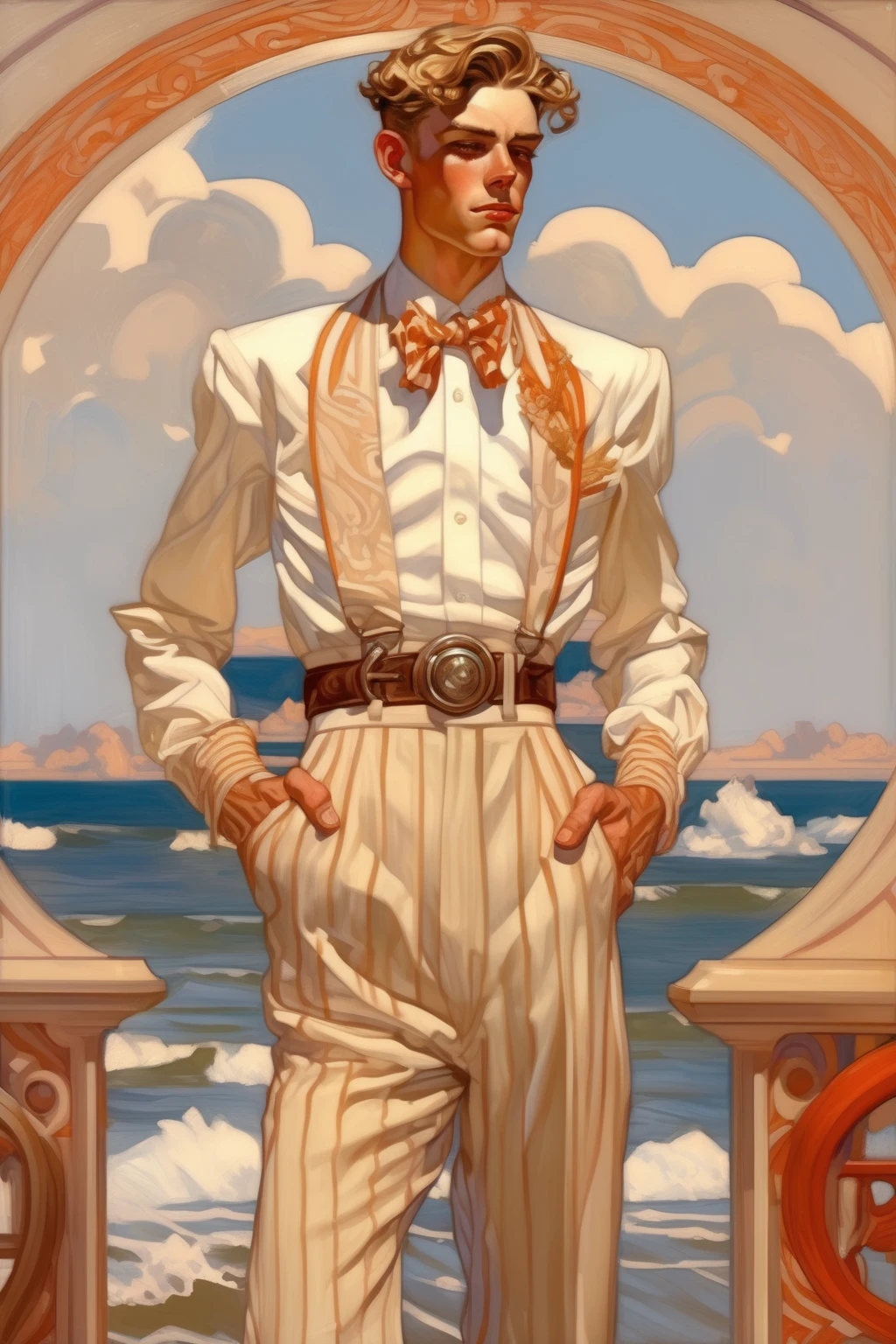 <lora:J.C. Leyendecker Style:1>J.C. Leyendecker Style - Maldy guy beautiful interesting. It stands beautifully dressed in a modern way, and the sea surrounds it at the foot. Painting done in the style of Joseph Christian Leyendecker.