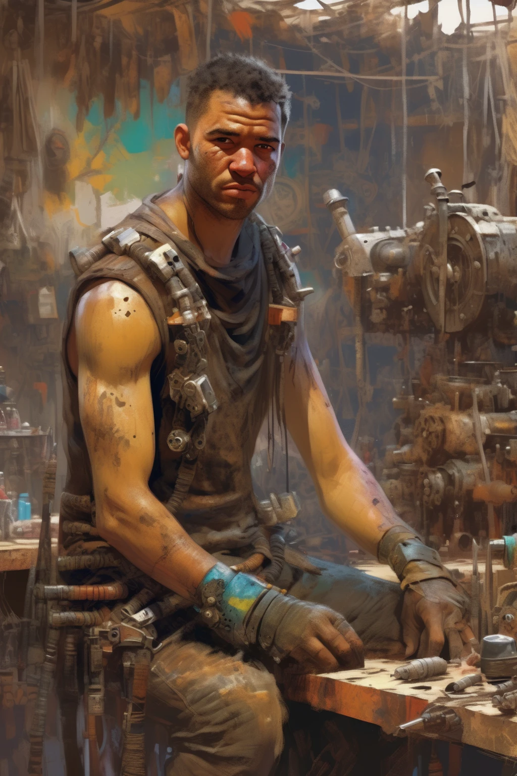 <lora:Craig Mullins Style:1>Craig Mullins Style - art by Craig Mullins, impressionism, colorful, Mad Max visuals, A clever mixed race inventor tinkers with salvaged machinery in his makeshift workshop in Bahia, his hands deftly crafting tools and weapons to aid his people in their struggle for survival. His face is smudged with grease and his eyes sparkle with intelligence and determination. Ingenious, focused, resourceful, inventive, colorful, art