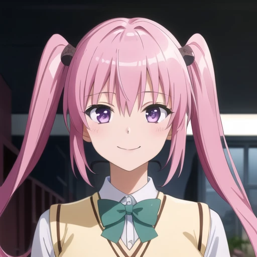 (masterpiece, best quality:1.2),illustration,8k,hd,city,1girl,solo,upper body,(portrait:1.2),smile,long_hair,skirt,hair_ornament,twintails,school_uniform,purple_eyes,tail,pink_hair,zettai_ryouiki,demon_tail,sweater_vest,<lora:Nana-V1:0.6>,