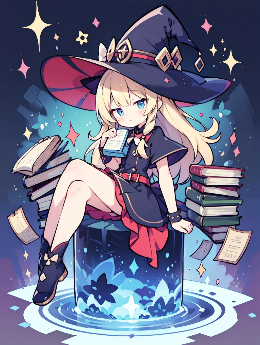 kawaii witch, wonder land, kawaii dress, sitting, floating books, kawaii dynamic effect