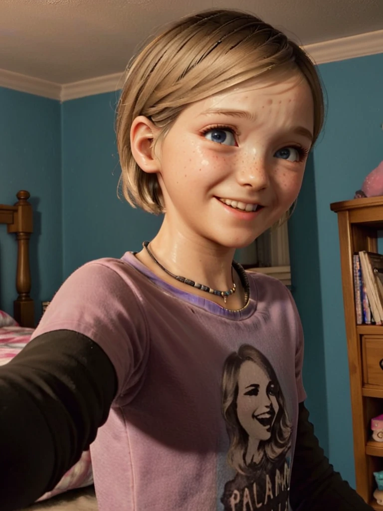 photo of ************ Sarah Miller in selfie pose,  in her bedroom, selfie pose,
short hairs, blonde, focus on the face, beautiful detailed blue eyes, happy, smiling,  wearing pajamas, necklaces, long sleeved shirt, double sleeves,looking at the phone, from side, skin details, freckles,
<lora:sarah_tlou_sdxl_v3-000018:1>