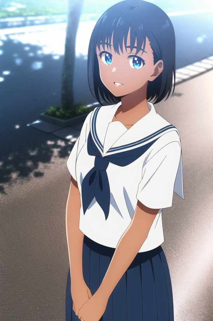 (masterpiece), (high quality), (detailed background:1.3), 1girl, solo,
<lora:SummertimeMio-v1-09:0.7>, ChopioMio, black hair, short hair, blue eyes, dark skin, (looking at viewer:1.3),
mature female, medium breasts,
outfit_1, serafuku, white sailor collar, white shirt, short sleeves, blue neckerchief, blue skirt, pleated skirt, long skirt, white kneesocks,
outdoors,
standing, smile, parted lips,