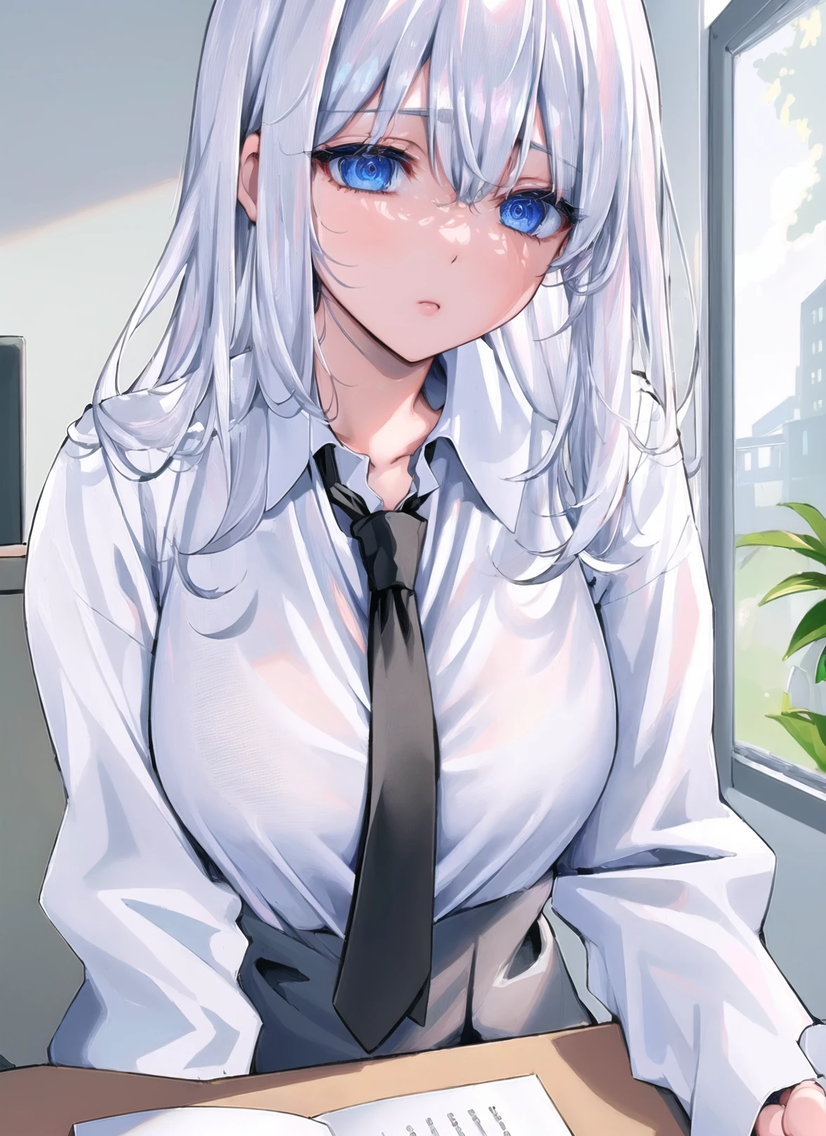 (masterpiece, highest quality,4k:1.3), (high-quality eyes), 1girl,  bangs,  blue eyes, white hair, desk, sitting on  chair, across  table, pov,  office lady, black necktie, collarbone,  indoors,  leaning forward,  upper body, <lora:hizuki_higure_art_style:0.85>