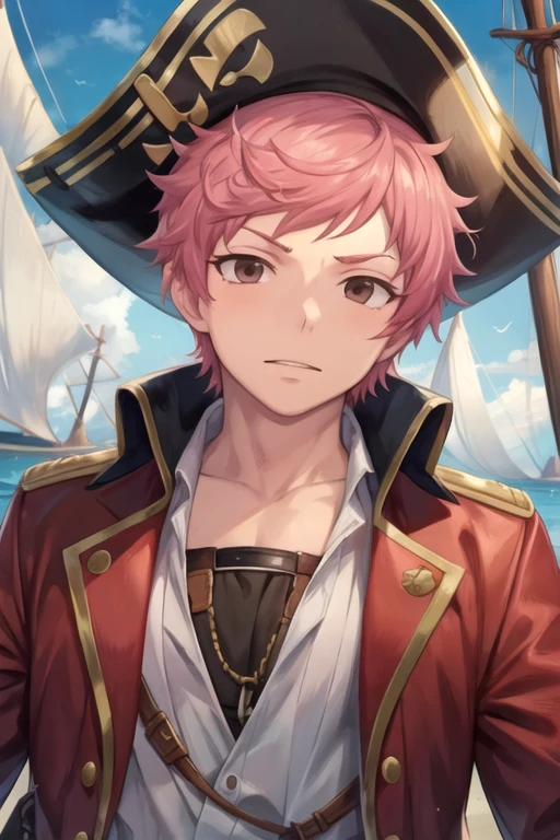 masterpiece, best quality, illustration, 1boy, solo, male focus, looking at viewer, upper body, , <lora:renzou_shima:0.68>, renzou_shima, pink hair, brown eyes, pirate costume, The Shattering Isles,