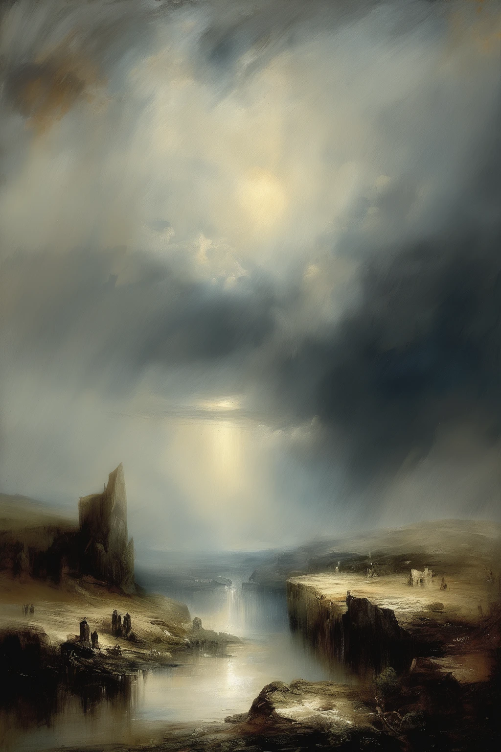 John Martin Style - rainin 20 century landscape in Joseph Mallord William Turner oil paiting style in cold tone