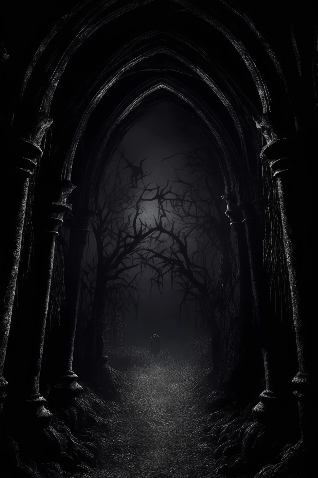 <lora:Dark Fantasy:1>Dark Fantasy - Gothic scene with pure black background with a little horror atmosphere black shadows