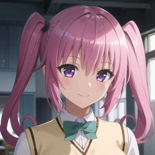 (masterpiece, best quality:1.2),illustration,8k,hd,city,1girl,solo,upper body,(portrait:1.2),smile,long_hair,skirt,hair_ornament,twintails,school_uniform,purple_eyes,tail,pink_hair,zettai_ryouiki,demon_tail,sweater_vest,<lora:Nana-V1:0.6>,