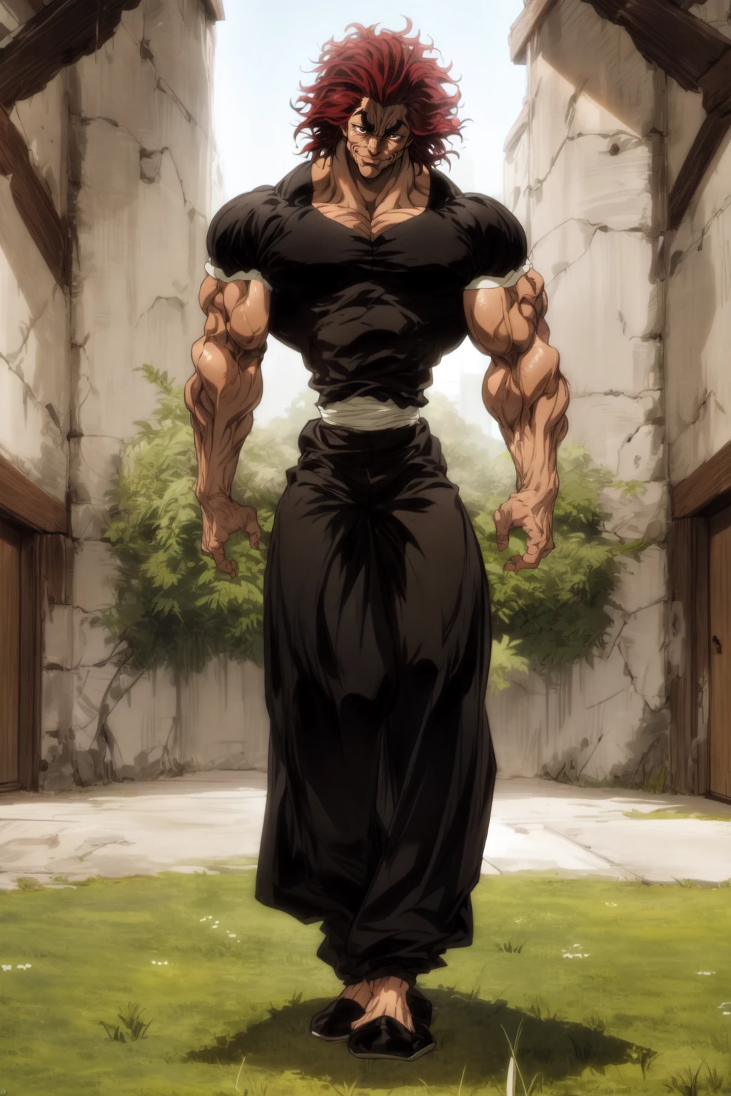 High quality, <lora:Style-add_detail:1>(Beautiful), ((masterpiece)),vibrant colors, YujiroHanma, 1boy, male focus, solo, black shirt, muscular male, red hair, manly, black pants, black slippers, veins, pupils, brown eyes,smile,(((full body))),looking at viewer, grassy field, <lora:YujiroHanma5(1):1>