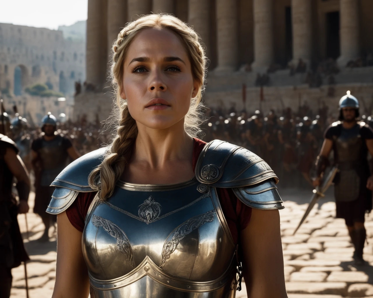 NSFW, naked, nude, open legs pose, naked pussy, professional full body photo shoot, blonde woman, Roman gladiator, muscular, posing in the arena of the Colosseum, dramatic lighting, eye contact, looking at the viewer, Masterpiece, Best Quality, perfect detail, Perfect face detail, Perfect eye detail, perfect leather detail, depth of field, perfect lighting