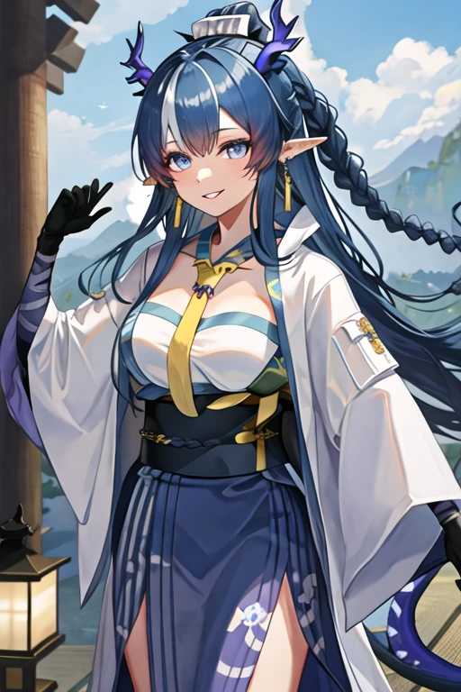 best quality, masterpiece, highres, solo, {yukata:1.40}, {kimono:1.20}, {ling_arknights:1.15}, blue_hair, horns, long_hair, pointy_ears, dragon_horns, blue_eyes, jewelry, earrings, smile, bangs, breasts, multicolored_hair, very_long_hair, braid, necktie, yellow_necktie, large_breasts, parted_lips, streaked_hair