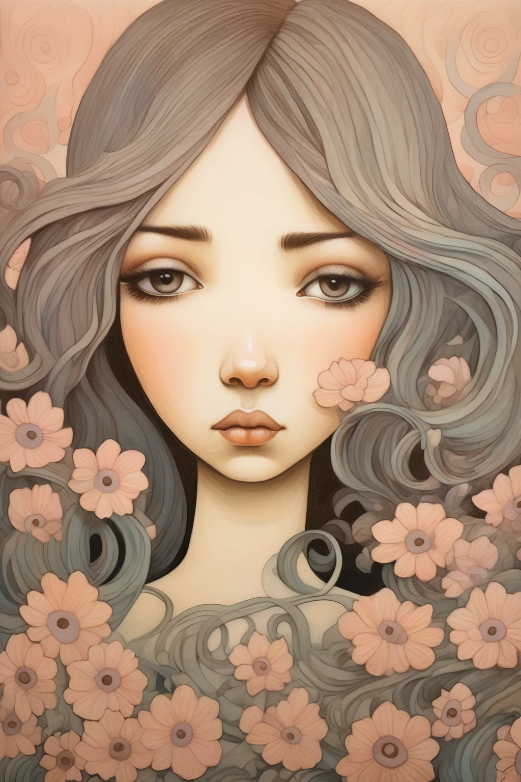 <lora:Audrey Kawasaki Style:1>Audrey Kawasaki Style - Craft a portrait that captures the subtle nuances of emotion, inspired by Audrey Kawasaki's emotive style. Focus on expressive eyes, delicate gestures, and a sense of introspection. Utilize soft color gradients and smooth brushwork to convey a sense of vulnerability and intimacy