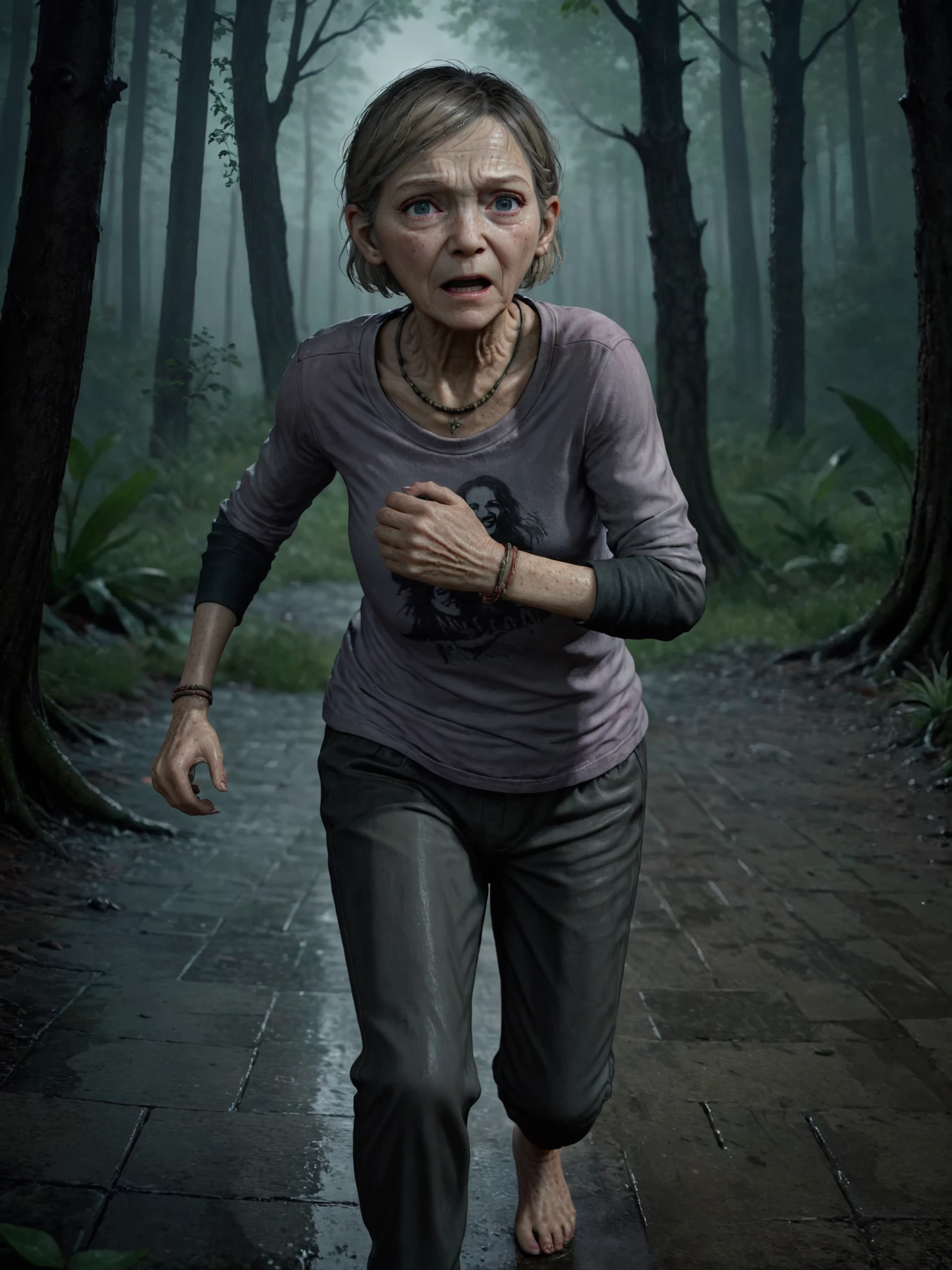 masterpiece, best quality, high quality,
photo of old woman, sarah miller  in a rainy forest, 80 years old, 1girl,   worried, scared, short hairs, blonde hairs, freckles, bracelets, necklaces, worn torn dirty clothes, detailed skin, dirty skin, full body, barefoot, perfect eyes, long pants,
(running fast, running away from monsters, dynamic pose, looking over:1.3), darkness, horror movie, image that could be album cover,
<lora:sarah_tlou_sdxl_v3-000018:1>