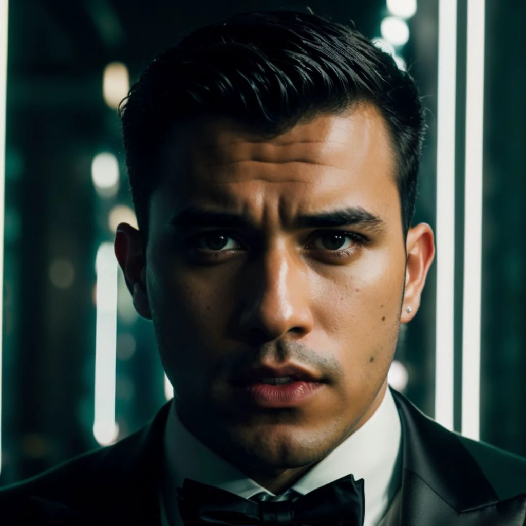 face portrait of deibygarcia person using a tuxedo, in blade runner, professional photography, high resolution, 4k, detailed photo, <lora:deibygarcia_40050:1>