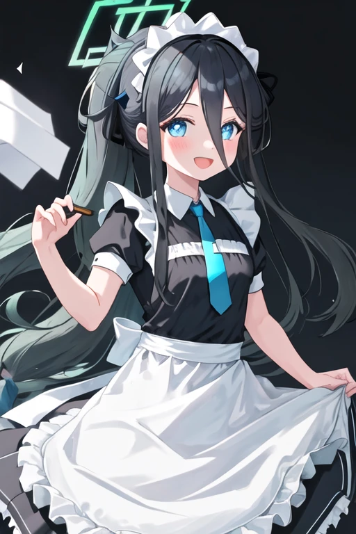 best quality, masterpiece, highres, solo, {arisu_bluearchive:1.15}, long_hair, black_hair, blue_eyes, halo, hair_between_eyes, smile, blush, bangs, very_long_hair, hairband, one_side_up, black_hairband, necktie, blue_necktie, open_mouth, 1girl, apron, enmaided, maid, maid_apron, maid_headdress, short_sleeves, alternate_costume, dress, frills, white_apron, puffy_sleeves, black_dress, looking_at_viewer, frilled_apron, :d, ribbon, neck_ribbon, ponytail, puffy_short_sleeves